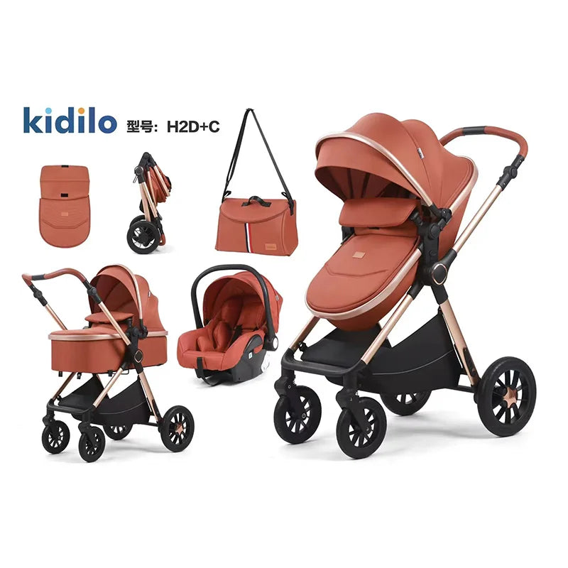 0-3 Years 3 in 1 Baby Stroller with Car Seat, Non-Toxic Durable Foldable Travel Stroller for Toddlers Family Trips H2D+C