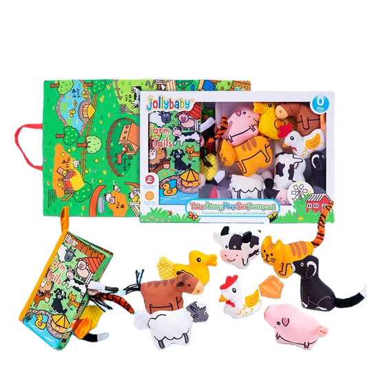 Jollybaby Soft Polyester Animal Dolls Play Mat Set Touch & Feel Soft Animal Tails Cloth Book with Crinkling & Squeaky Features