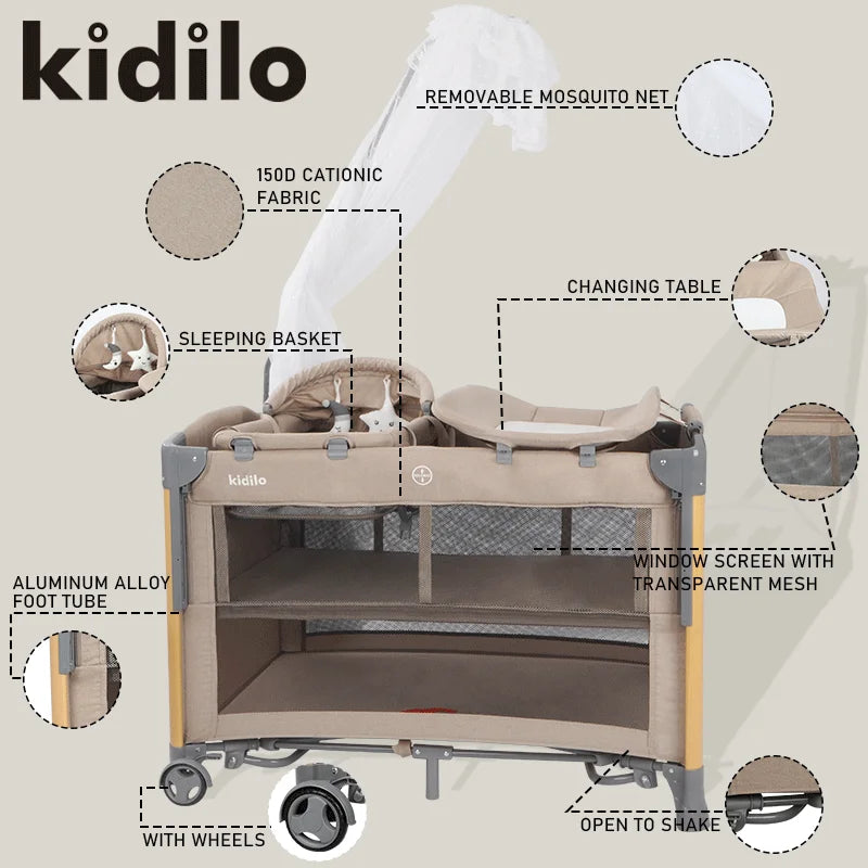 Kidilo Luxury Bedside Crib Newborn Foldable Travel Play Baby Portable Bed 3 in 1 Set Modern Mosquito Net for Bedrooms T-703M