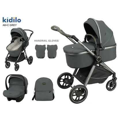 0-3 Years 3 in 1 Kidilo Baby Stroller with Car Seat, Non-Toxic Durable Foldable Travel Stroller for Toddlers Family Trips A8+C