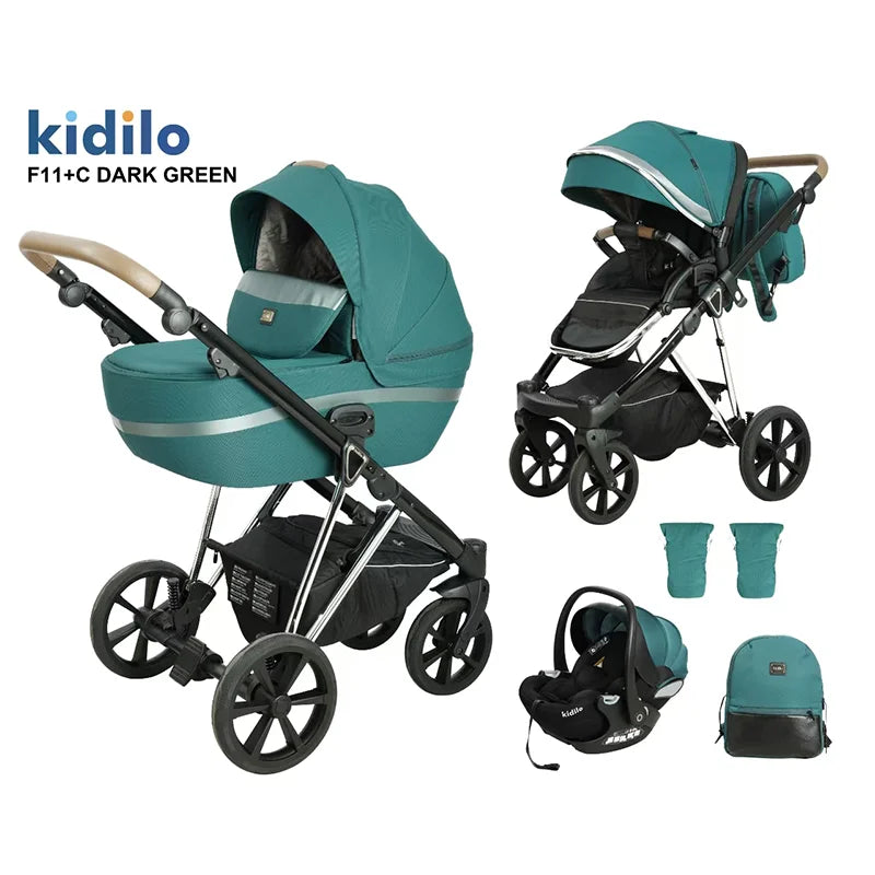 0-3 Years 3 in 1 Kidilo Baby Stroller with Car Seat, Non-Toxic Durable Foldable Travel Stroller for Toddlers Family Trips F11+C