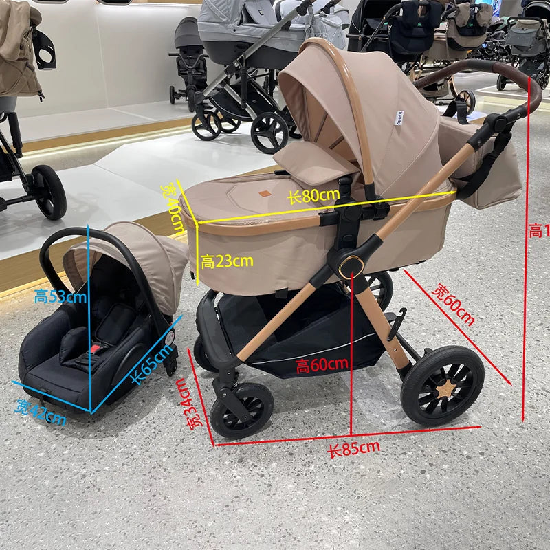 0-3 Years 3 in 1 Baby Stroller with Car Seat, Non-Toxic Durable Foldable Travel Stroller for Toddlers Family Trips H2D+C