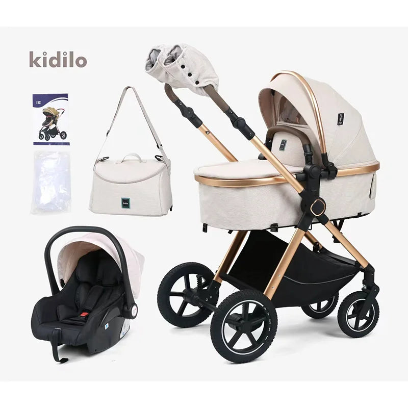 Kidilo 0-3 Years 3 in 1 Baby Stroller with Car Seat Non-Toxic Durable Foldable Travel Stroller for Toddlers Family Trips H2X+C