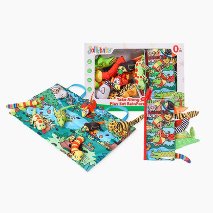 Jollybaby Soft Polyester Animal Dolls Play Mat Set Touch & Feel Soft Animal Tails Crinkling Squeaky Cloth Book for Kids