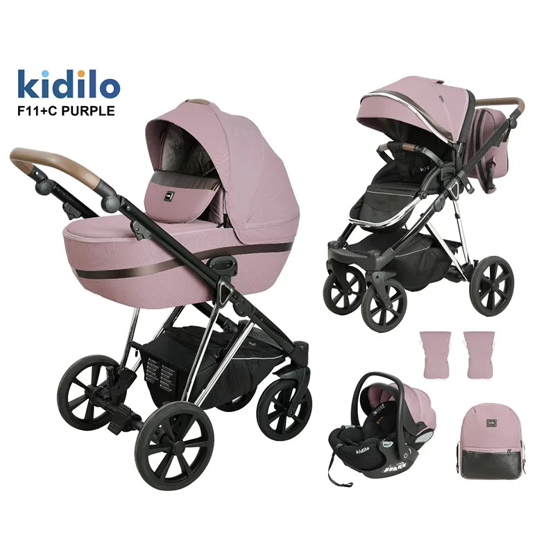0-3 Years 3 in 1 Kidilo Baby Stroller with Car Seat, Non-Toxic Durable Foldable Travel Stroller for Toddlers Family Trips F11+C