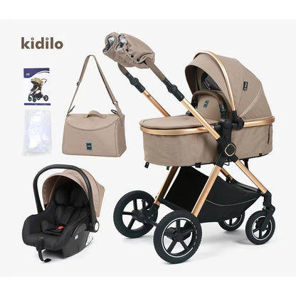 Kidilo 0-3 Years 3 in 1 Baby Stroller with Car Seat Non-Toxic Durable Foldable Travel Stroller for Toddlers Family Trips H2X+C