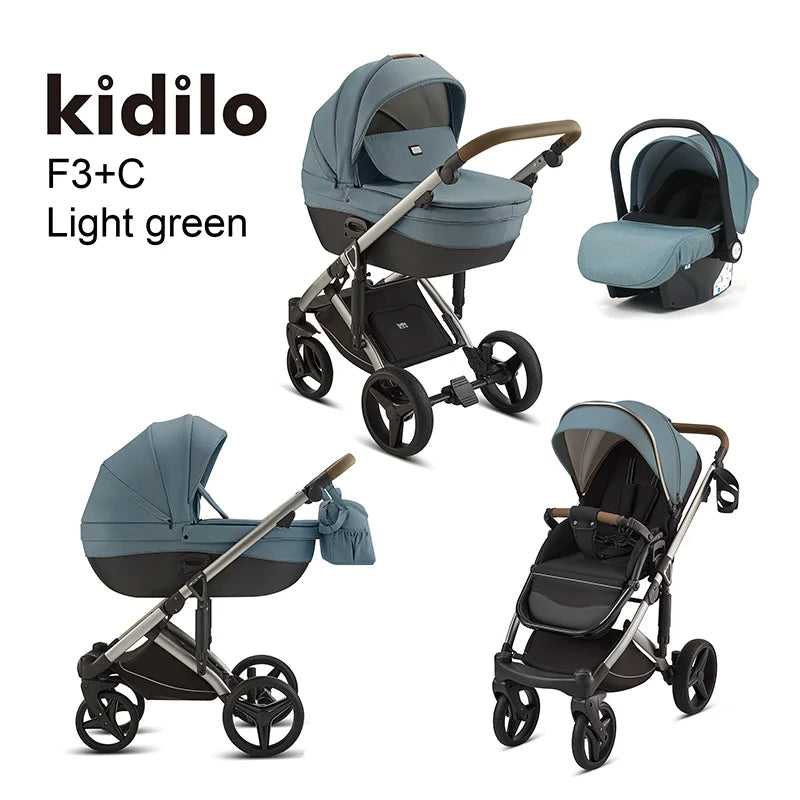 Kidilo 0-3 Years 3 in 1 Baby Stroller with Car Seat Non-Toxic Durable Foldable Travel Stroller for Toddlers Family Trips F3+C
