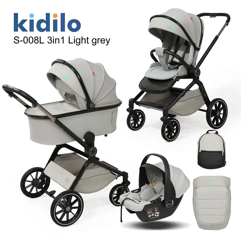 0-3 Years 3 in 1 Kidilo Baby Stroller with Car Seat, Non-Toxic Durable Foldable Travel Stroller for Toddlers Family Trips S-008L
