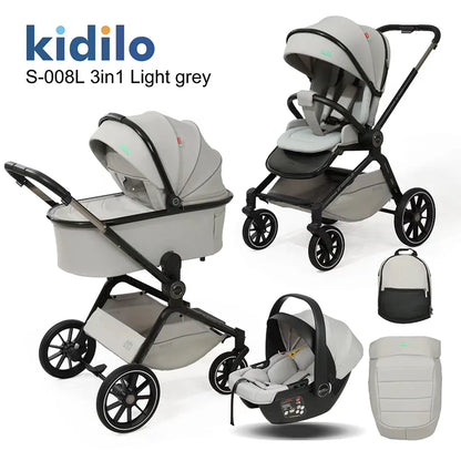 0-3 Years 3 in 1 Kidilo Baby Stroller with Car Seat, Non-Toxic Durable Foldable Travel Stroller for Toddlers Family Trips S-008L