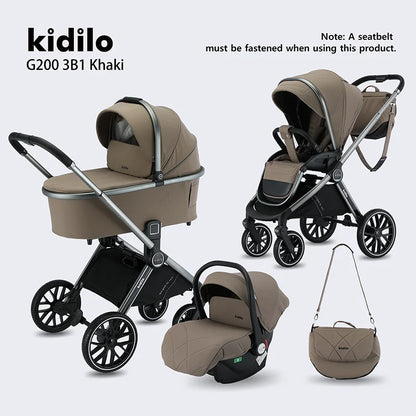 0-3 Years 3 in 1 Kidilo Baby Stroller with Car Seat Non-Toxic Durable Foldable Travel Stroller for Toddlers Family Trip G200 3B1