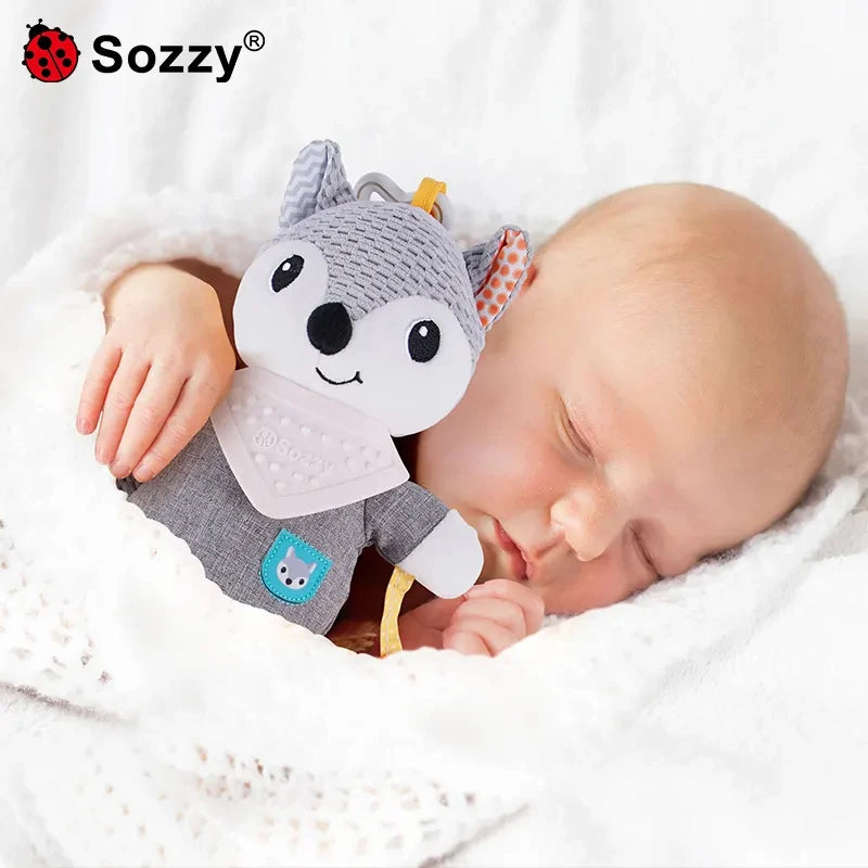 OEM Customizable Fox Baby Crib Plush Doll Soft Stuffed Animal Rattle with Teether Car Seat Stroller Hanging Toy