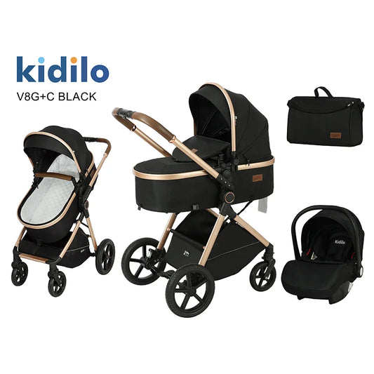 Kidilo Luxury 3 in 1 Kidilo Baby Stroller Foldable Pram with Car Seat & Folding Wagon for Travel for Babies V8G+C