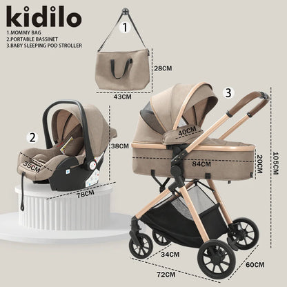 0-3 Years 3 in 1 Kidilo Baby Stroller with Car Seat, Non-Toxic Durable Foldable Travel Stroller for Toddlers Family Trips V5+C