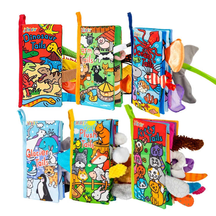 Jollybaby Top Selling Crinkle Paper Cloth Washable Animal Soft Tails Early Sensory Educational Jelly Cat Baby Books Toys Fabric