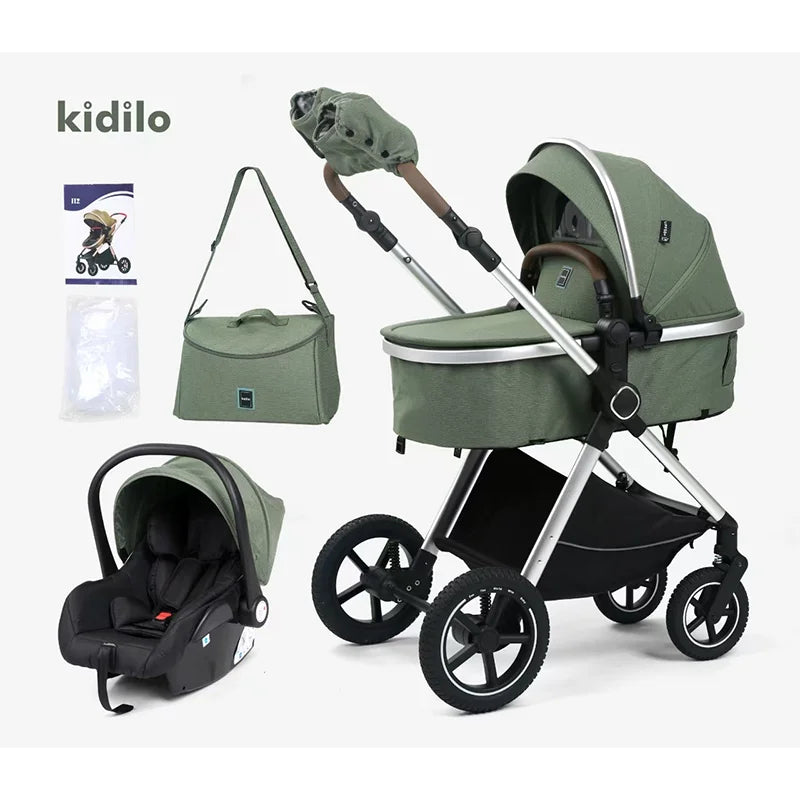 Kidilo 0-3 Years 3 in 1 Baby Stroller with Car Seat Non-Toxic Durable Foldable Travel Stroller for Toddlers Family Trips H2X+C