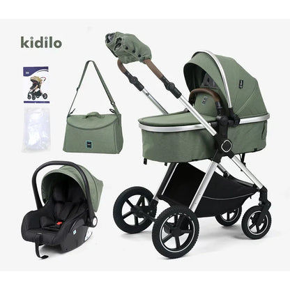 Kidilo 0-3 Years 3 in 1 Baby Stroller with Car Seat Non-Toxic Durable Foldable Travel Stroller for Toddlers Family Trips H2X+C