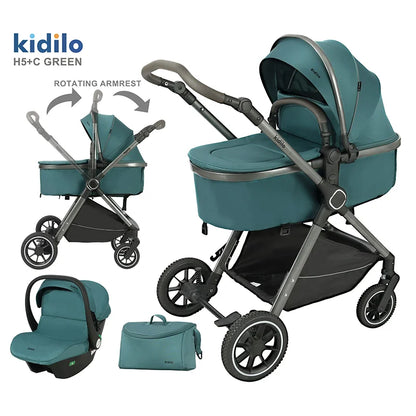 0-3 Years 3 in 1 Kidilo Baby Stroller with Car Seat, Non-Toxic Durable Foldable Travel Stroller for Toddlers Family Trips H5+C