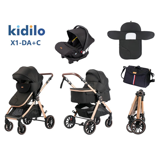 Kidilo 0-3 Years 3 in 1 Baby Stroller with Car Seat Non-Toxic Durable Foldable Travel Stroller for Toddlers Family Trips X1-DA+C
