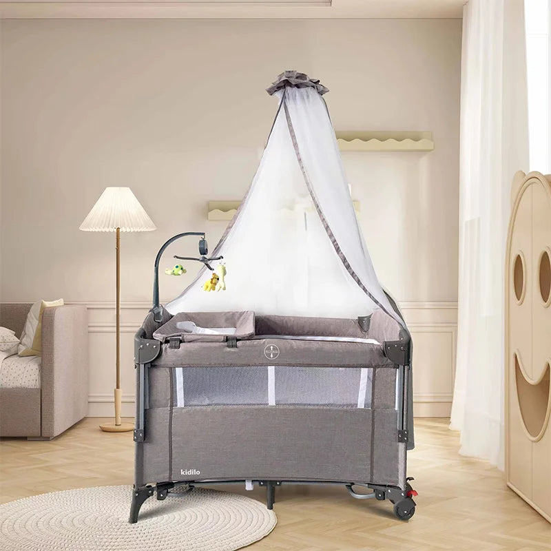 Newborn Foldable Portable Modern Kidilo Luxury Baby Crib, Convertible 3 in 1 Bedside Crib with Mosquito Net for Nursery P02