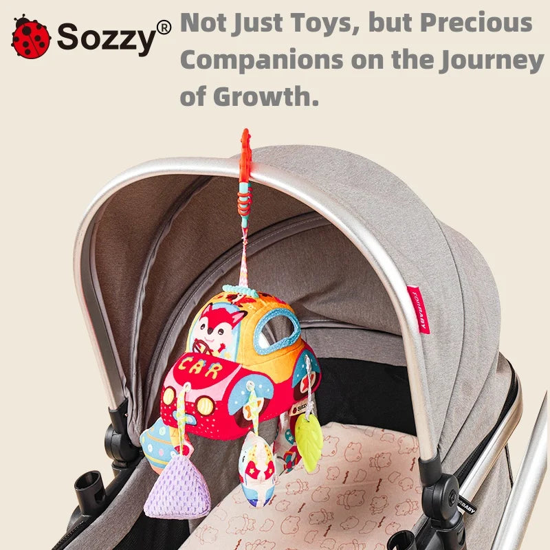 Custom Car Transportation Sensory Hanging Toys Soft Stuffed Activity Plush Toy for Stroller Crib Cot Musical Pull String Set for