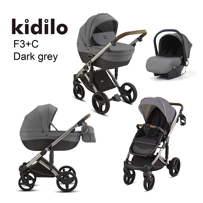 Kidilo 0-3 Years 3 in 1 Baby Stroller with Car Seat Non-Toxic Durable Foldable Travel Stroller for Toddlers Family Trips F3+C