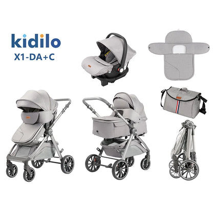 Kidilo 0-3 Years 3 in 1 Baby Stroller with Car Seat Non-Toxic Durable Foldable Travel Stroller for Toddlers Family Trips X1-DA+C