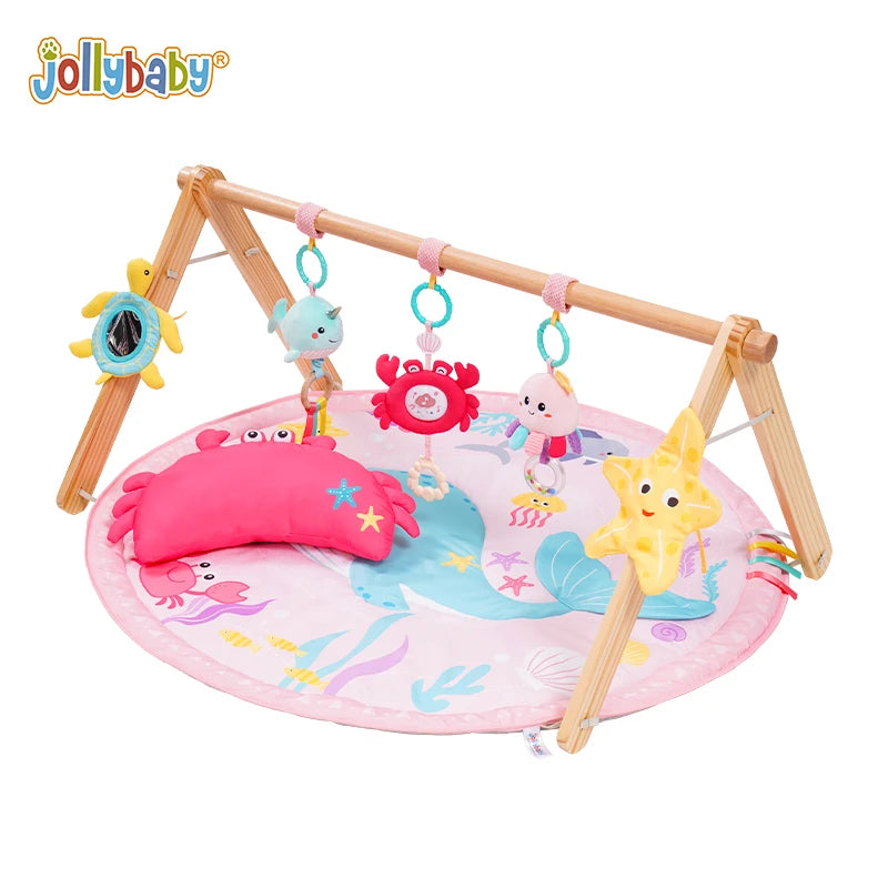 Jollybaby Cotton Activity Gym Play Mats with Wood Mounting Frame Sensory Awakening Baby Play Mat Perfect Gift for Newborn Baby
