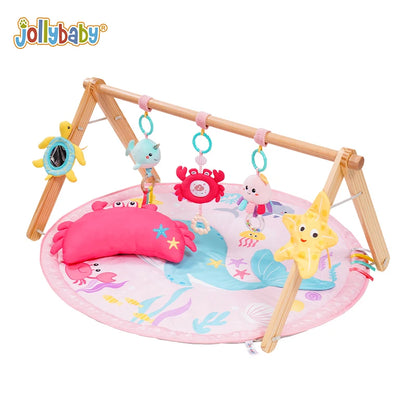 Jollybaby Cotton Activity Gym Play Mats with Wood Mounting Frame Sensory Awakening Baby Play Mat Perfect Gift for Newborn Baby