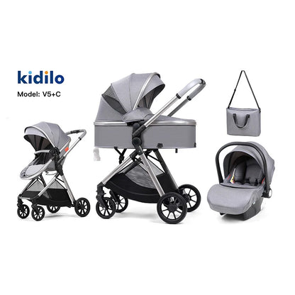 0-3 Years 3 in 1 Kidilo Baby Stroller with Car Seat, Non-Toxic Durable Foldable Travel Stroller for Toddlers Family Trips V5+C