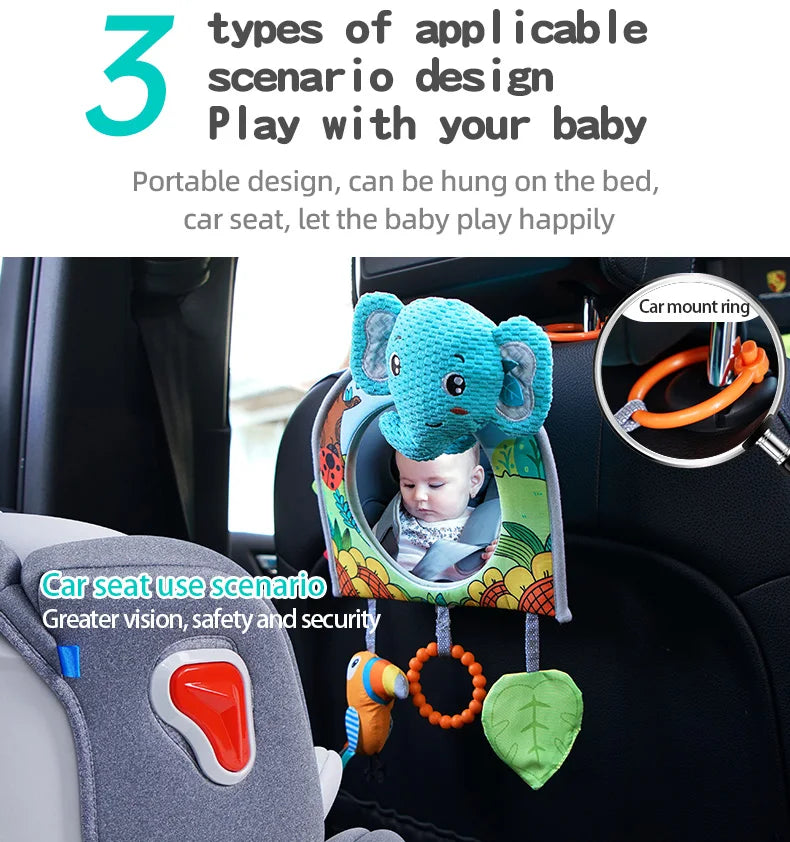 Sozzy Elephant Animal Tummy Time Mirror Traveling Baby Car Seat Stroller Hanging Toys with Mirror Teether