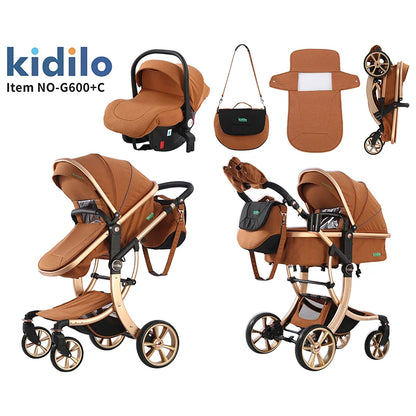 0-3 Years 3 in 1 Kidilo Baby Stroller with Car Seat, Non-Toxic Durable Foldable Travel Stroller for Toddlers Family Trips G600+C