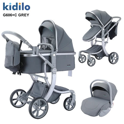 0-3 Years 3 in 1 Kidilo Baby Stroller with Car Seat, Non-Toxic Durable Foldable Travel Stroller for Toddlers Family Trips G606+C