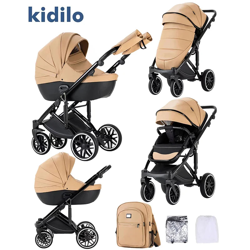 0-3 Years 3 in 1 Kidilo Baby Stroller with Car Seat, Non-Toxic Durable Foldable Travel Stroller for Toddlers Family Trips F2