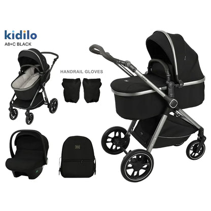 0-3 Years 3 in 1 Kidilo Baby Stroller with Car Seat, Non-Toxic Durable Foldable Travel Stroller for Toddlers Family Trips A8+C
