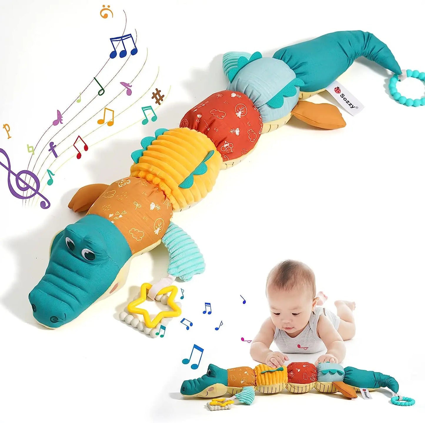 Sensory Animal Rattles Plush Tummy Time Toys Ruler Crinkle Toys Soothing crocodile Dolls with Music