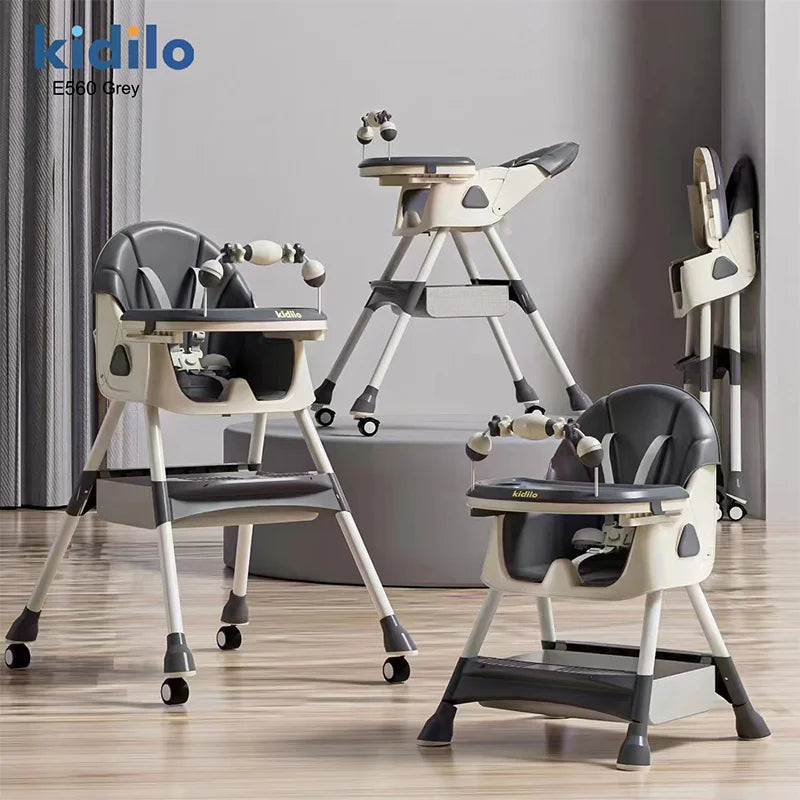 6-36 Months 3 in 1 Kidilo Foldable Baby High Chair, Non-Toxic Feeding Chair with Adjustable Height for Toddler Home Dining E560