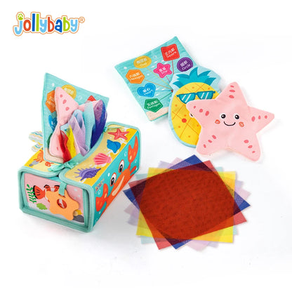JOLLYBABY Baby Tissue Box Toys Montessori Toys for 6 Month Toys with Cloth Tissues Crinkle  Mirror Baby Gifts Christmas Stuffers