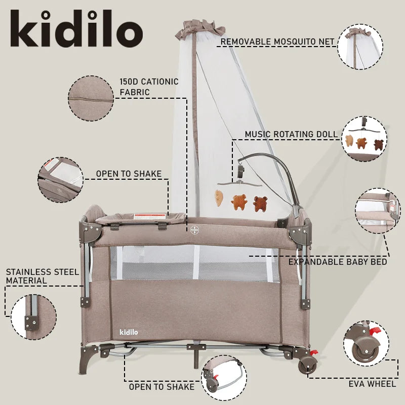 Newborn Foldable Portable Modern Kidilo Luxury Baby Crib, Convertible 3 in 1 Bedside Crib with Mosquito Net for Nursery T-703L