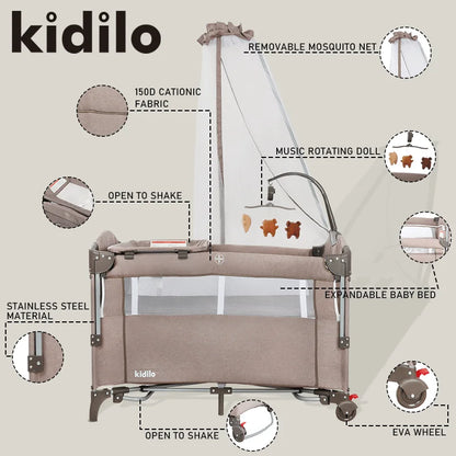 Newborn Foldable Portable Modern Kidilo Luxury Baby Crib, Convertible 3 in 1 Bedside Crib with Mosquito Net for Nursery T-703L