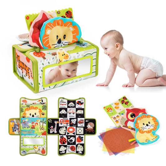 JOLLYBABY Baby Tissue Box Toys Montessori Toys for 6 Month Toys with Cloth Tissues Crinkle  Mirror Baby Gifts Christmas Stuffers