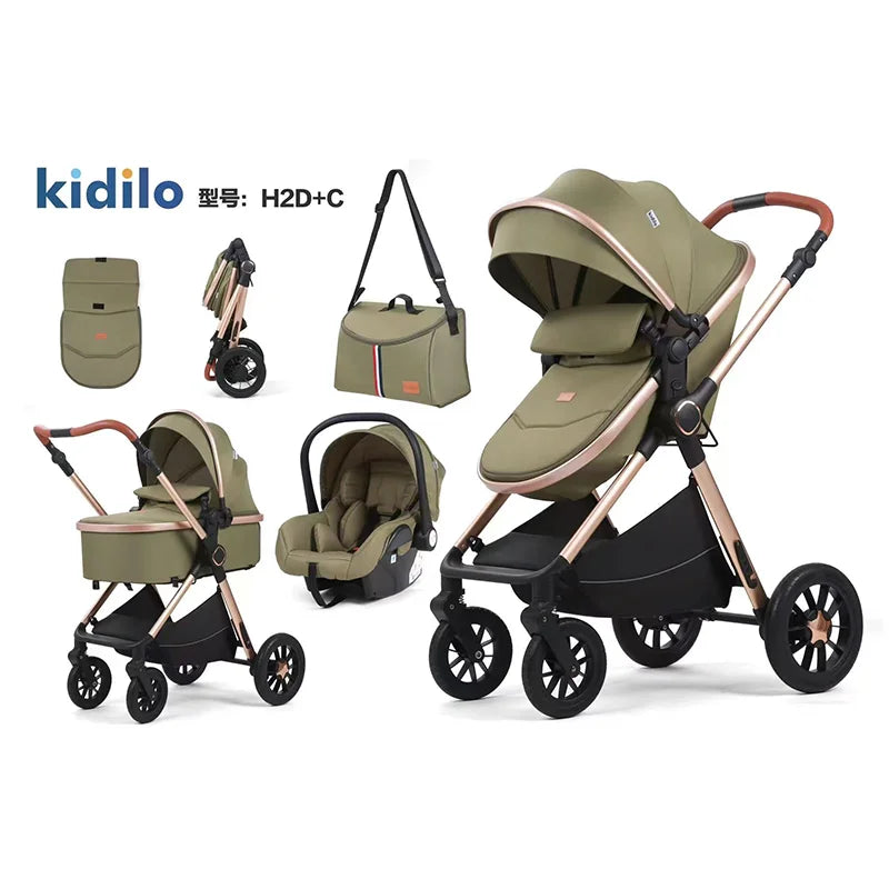 0-3 Years 3 in 1 Baby Stroller with Car Seat, Non-Toxic Durable Foldable Travel Stroller for Toddlers Family Trips H2D+C