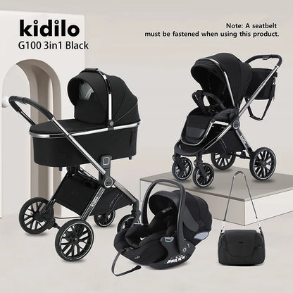 0-3 Years 3 in 1 Kidilo Baby Stroller with Car Seat, Non-Toxic Durable Foldable Travel Stroller for Toddlers Family Trips G100+C