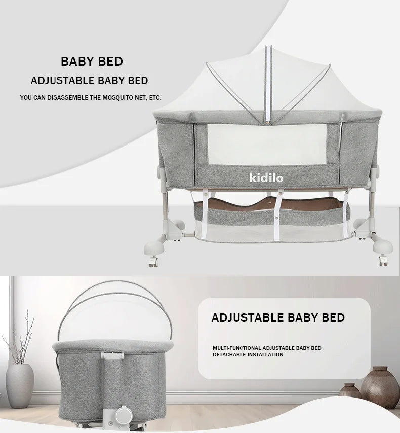 Newborn Foldable Portable Modern Kidilo Luxury Baby Crib, Convertible 3 in 1 Bedside Crib with Mosquito Net for Nursery BP-301