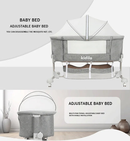 Newborn Foldable Portable Modern Kidilo Luxury Baby Crib, Convertible 3 in 1 Bedside Crib with Mosquito Net for Nursery BP-301