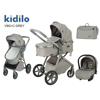 Kidilo Luxury 3 in 1 Kidilo Baby Stroller Foldable Pram with Car Seat & Folding Wagon for Travel for Babies V8G+C