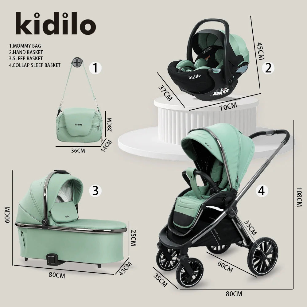 0-3 Years 3 in 1 Kidilo Baby Stroller with Car Seat, Non-Toxic Durable Foldable Travel Stroller for Toddlers Family Trips G100+C