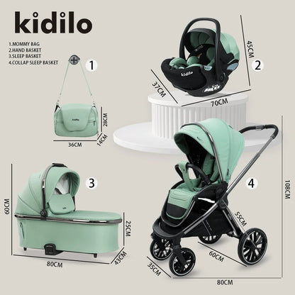 0-3 Years 3 in 1 Kidilo Baby Stroller with Car Seat, Non-Toxic Durable Foldable Travel Stroller for Toddlers Family Trips G100+C