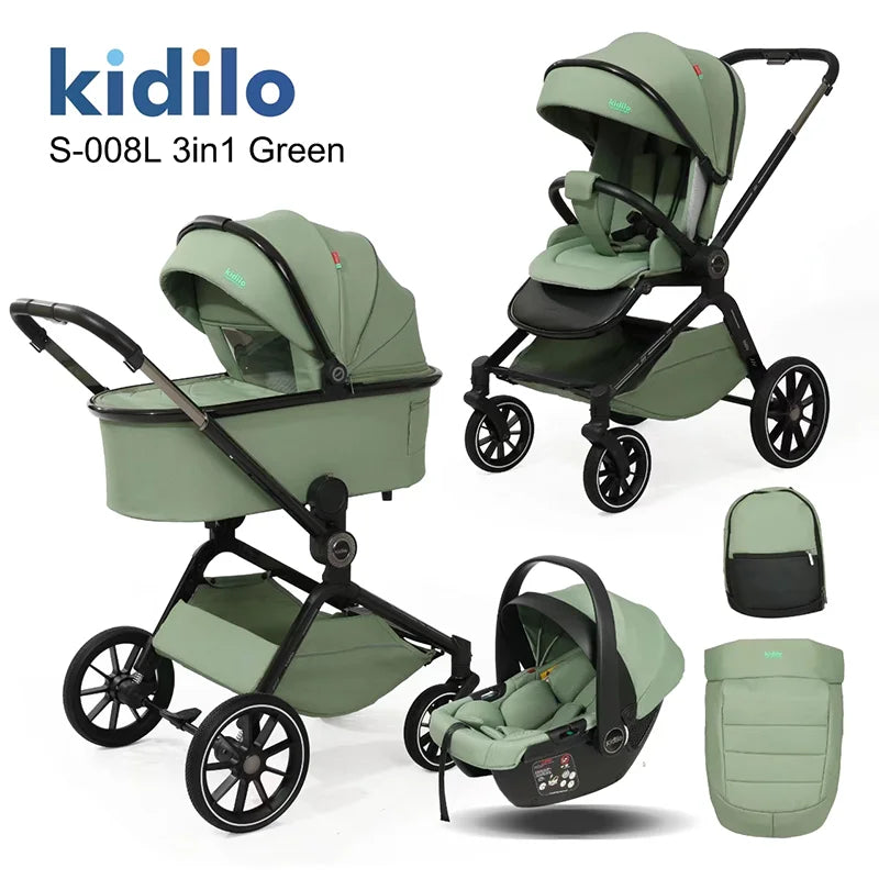 0-3 Years 3 in 1 Kidilo Baby Stroller with Car Seat, Non-Toxic Durable Foldable Travel Stroller for Toddlers Family Trips S-008L