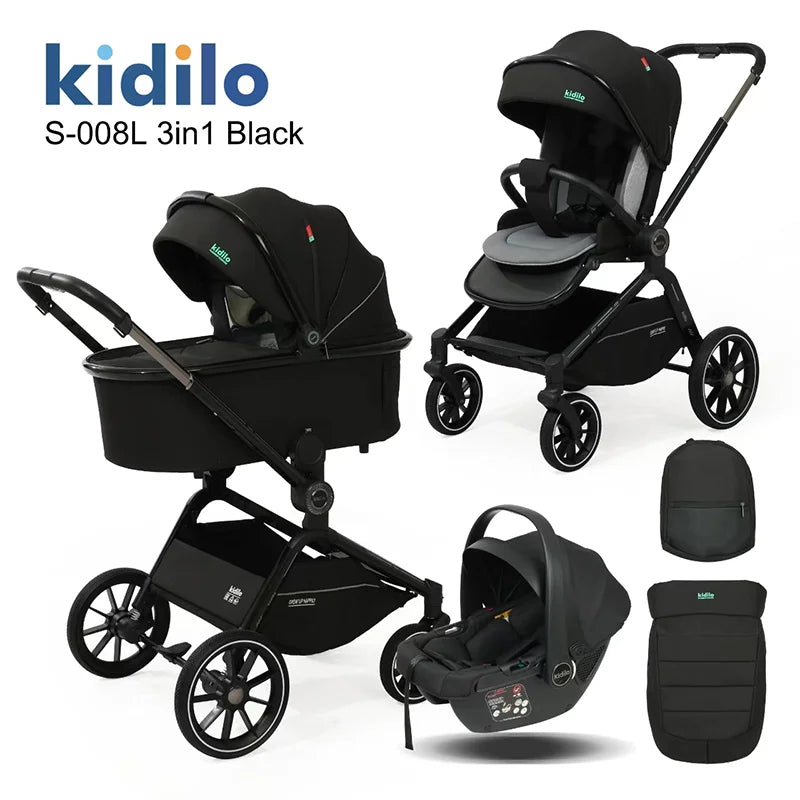 0-3 Years 3 in 1 Kidilo Baby Stroller with Car Seat, Non-Toxic Durable Foldable Travel Stroller for Toddlers Family Trips S-008L