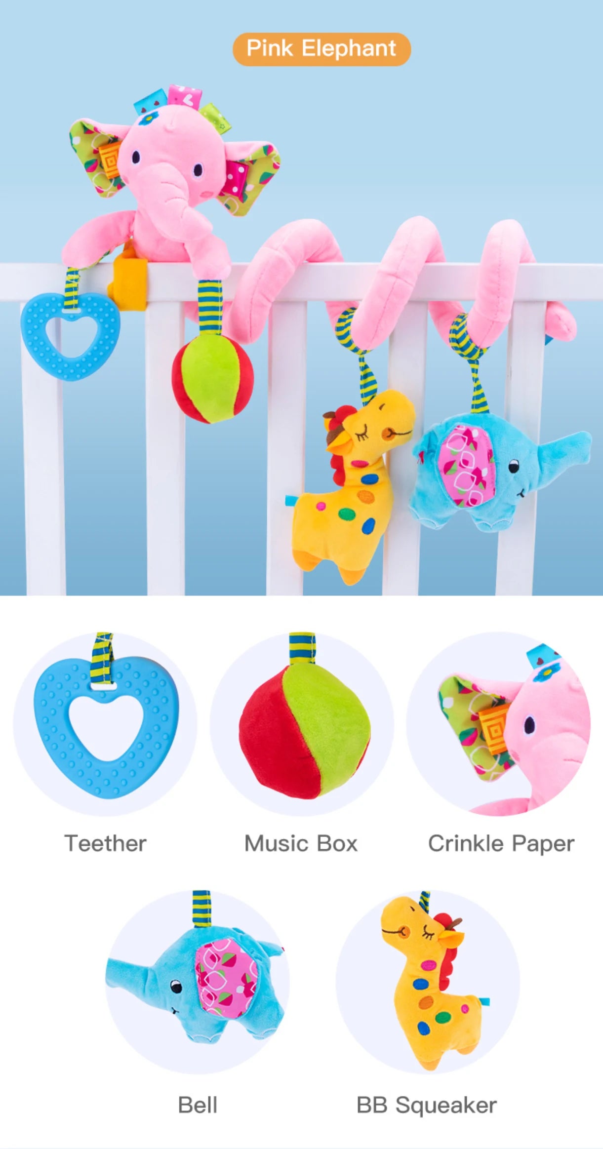Manufacturer Custom Spiral Plush Elephant Toy Baby Rattle Hanging Animal Mobile for Infant for Bassinet Crib Carriage PP Cotton